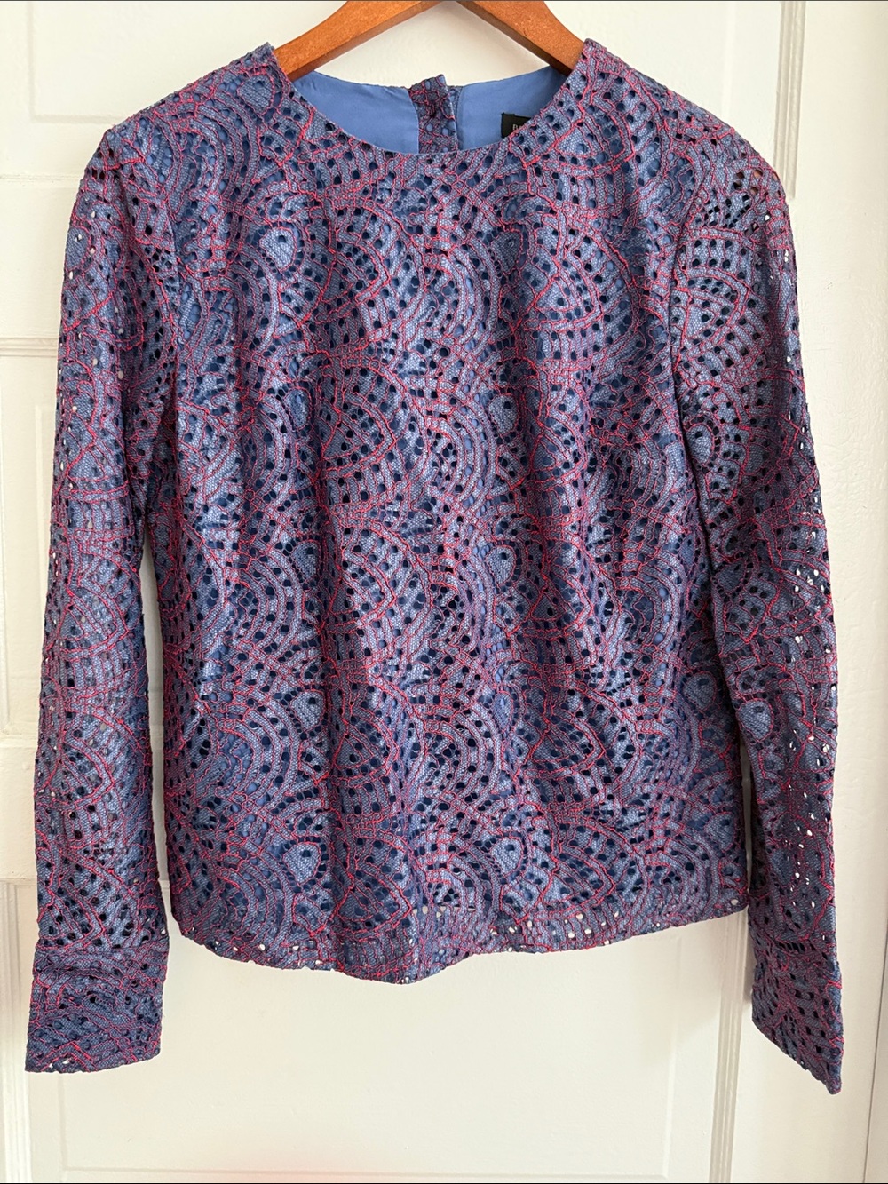 Banana Republic Blue and Red Long-Sleeve Lace Overlay Top